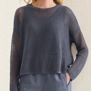Eileen Fisher Linen Cotton Open-Weave Crewneck Sweater Blue Small
